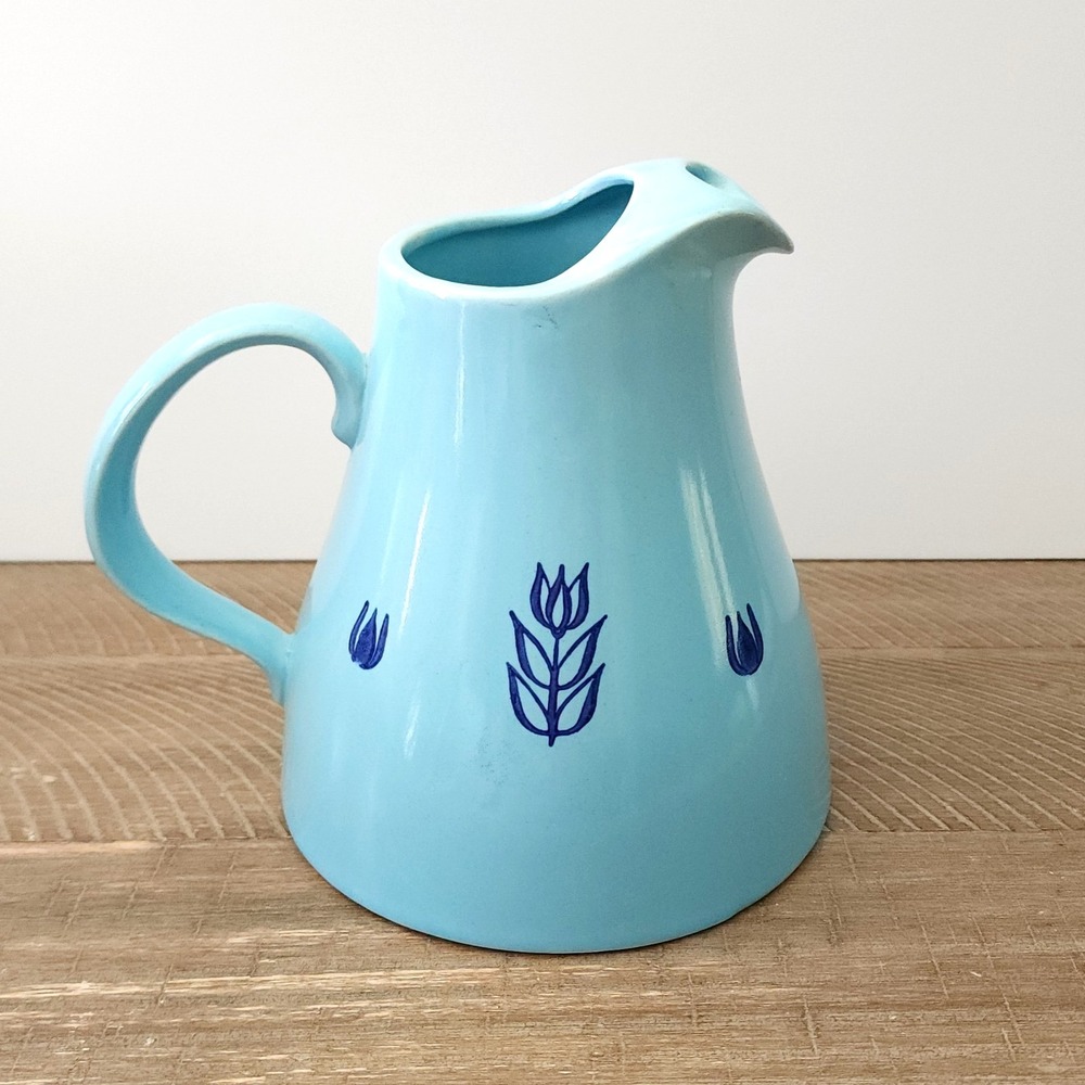 1950s Vintage Cronin Pottery Blue‎ Tulip Ice Lip Pitcher Made in USA